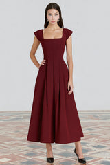 Burgundy A-Line Square Neck Long Formal Dress