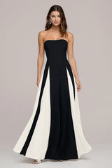 Black and White Strapless A Line Long Wedding Guest Dress