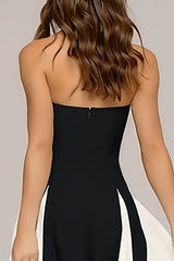 Black and White Strapless A Line Long Wedding Guest Dress