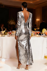 Sparkly Silver Sequin Mermaid Long Sleeves Holiday Party Dress with Slit