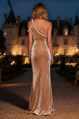 Sparkly Champagne Mermaid Long Velvet Holiday Party Dress with Pearls
