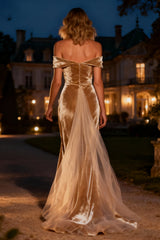 Champagne Mermaid Long Velvet Holiday Party Dress with Cape