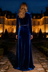 Sparkly Royal Blue Long Mermaid Velvet Holiday Party Dress with Beading