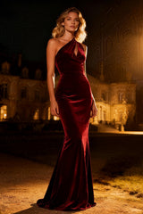 Burgundy Mermaid One Shoulder Long Velvet Holiday Party Dress with Keyhole