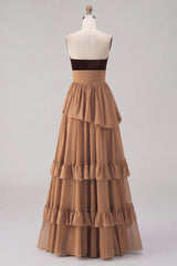 Khaki Tiered Chiffon Sweetheart Long Wedding Guest Dress with Slit