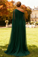 Dark Green One Shoulder Chiffon Long Wedding Guest Dress with Cape