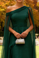 Dark Green One Shoulder Chiffon Long Wedding Guest Dress with Cape