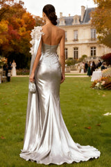 Sparkly Silver Mermaid Floral Long Wedding Guest Dress with Cape
