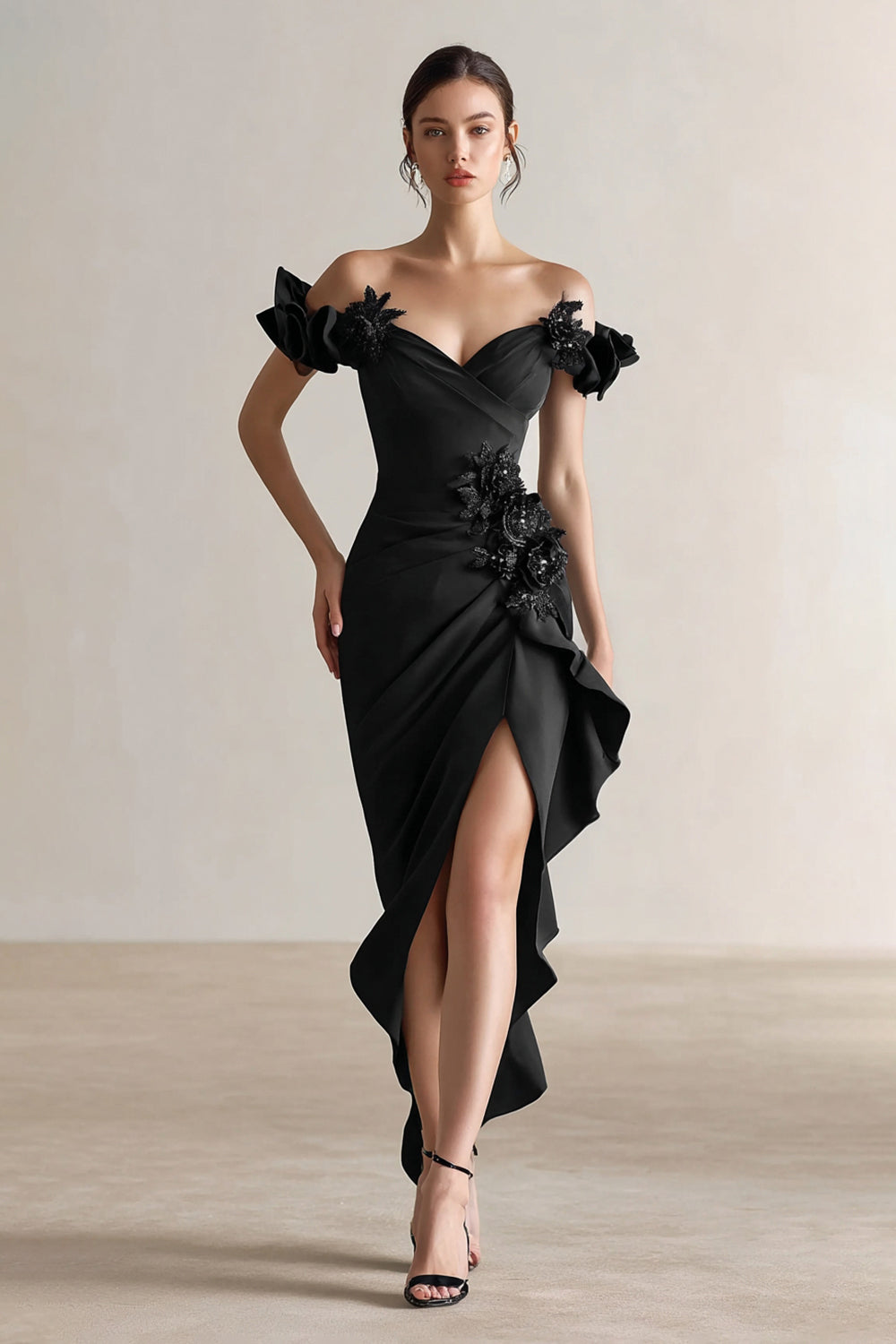 Sparkly Black Sheath Ruffled Formal Dress with 3D Flowers