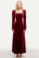 Sparkly Burgundy Velvet A-Line Long Holiday Party Dress with Beading