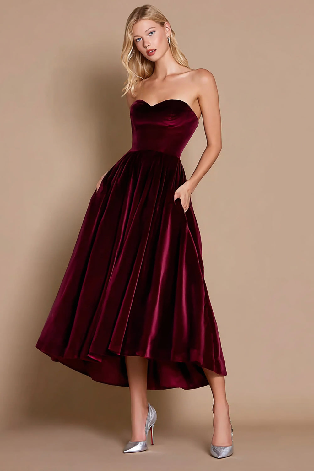 Burgundy A-Line Midi Velvet Holiday Party Dress