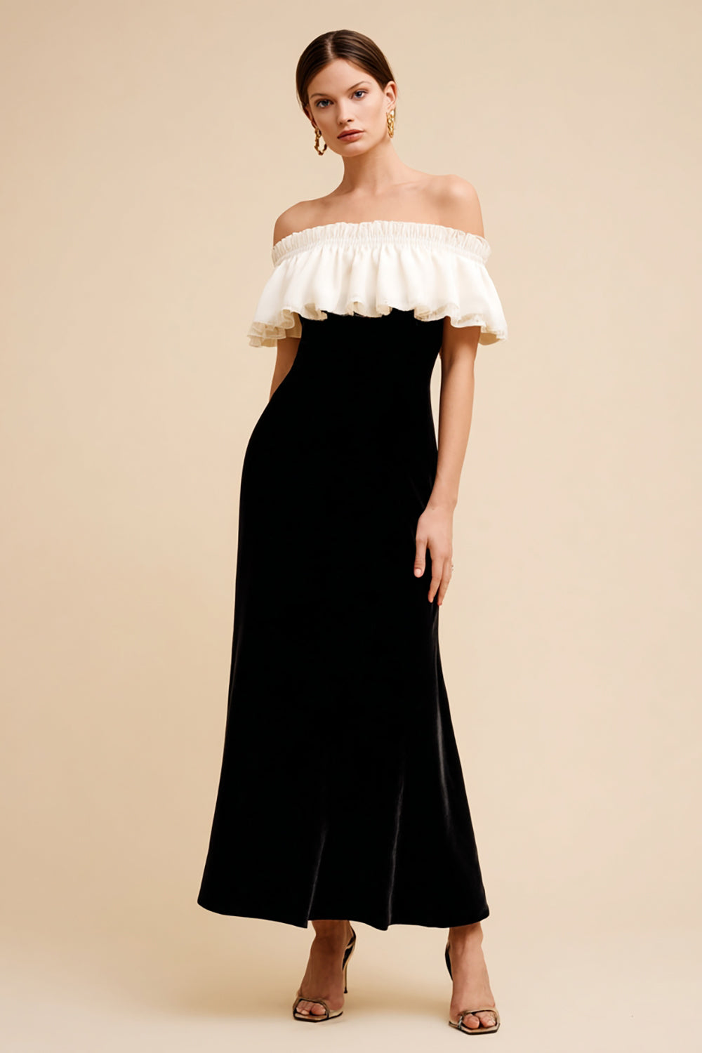 Black and White Velvet Long Holiday Party Dress with Ruffles