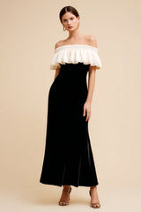Black and White Velvet Long Holiday Party Dress with Ruffles