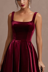 Burgundy Velvet A-Line Midi Holiday Party Dress