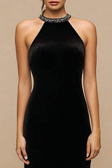 Sparkly Black Velvet Long Holiday Party Dress with Beading