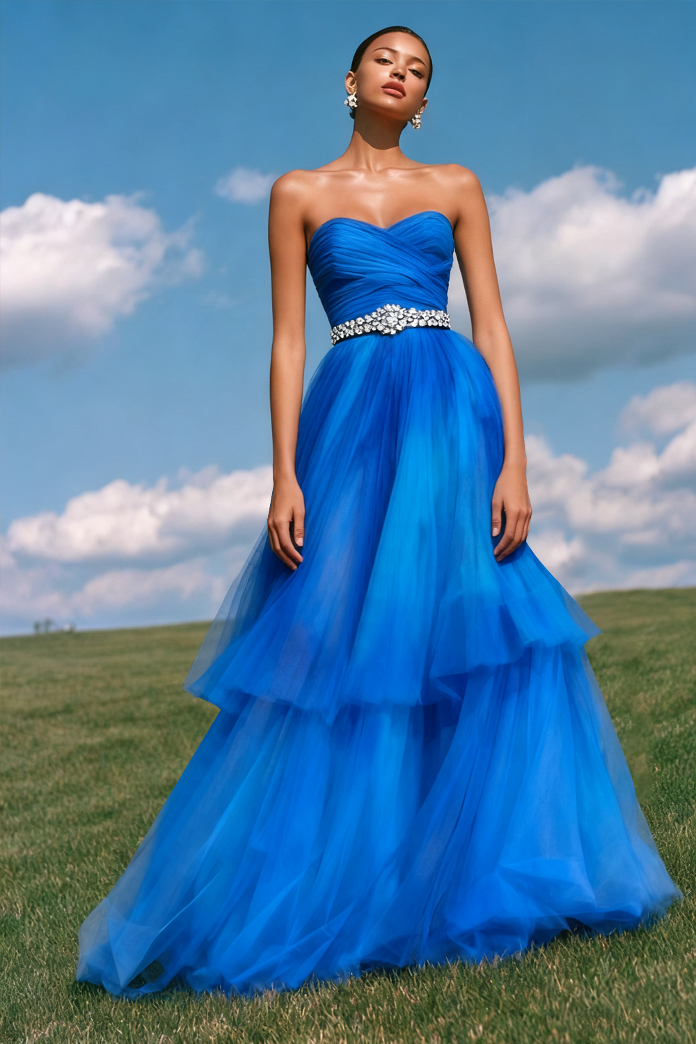 Sparkly Royal Blue Tiered A-Line Sweetheart Long Prom Dress with Beading