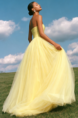 Light Yellow Sweetheart Princess Tulle Long Prom Dress