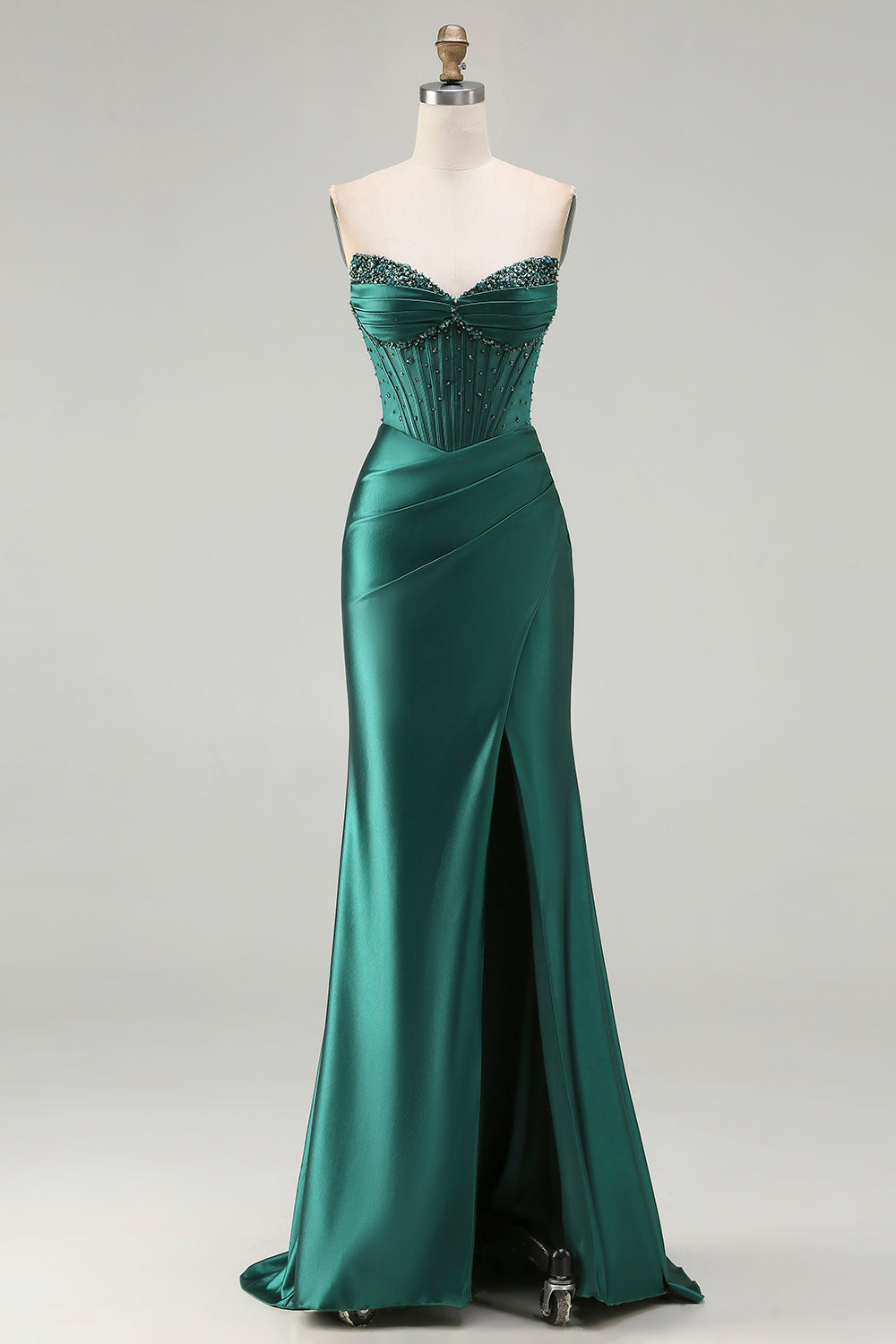 Sparkly Dark Green Beaded Mermaid Long Corset Prom Dress with Slit