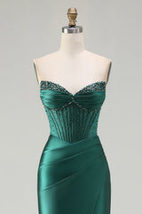 Sparkly Dark Green Beaded Mermaid Long Corset Prom Dress with Slit