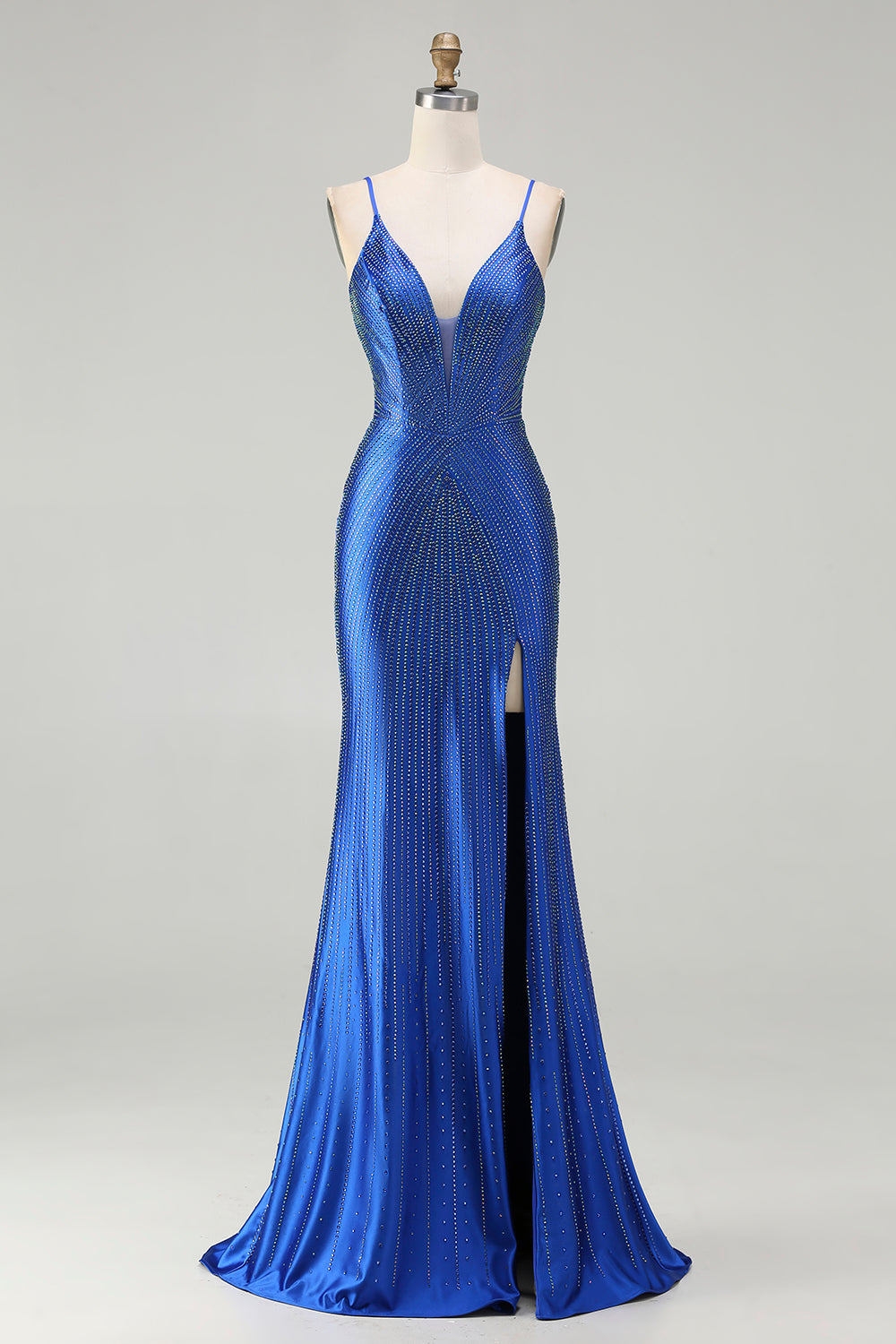 Sparkly Royal Blue Satin Mermaid Beaded Long Prom Dress with Slit