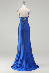 Sparkly Royal Blue Satin Mermaid Beaded Long Prom Dress with Slit