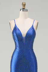 Sparkly Royal Blue Satin Mermaid Beaded Long Prom Dress with Slit