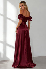 Burgundy Cold Shoulder A Line Ruffled Long Bridesmaid Dress with Slit