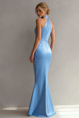 Light Blue High Neck Satin Mermaid Long Bridesmaid Dress