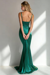 Peocock Green Satin Mermaid Spaghetti Straps Long Bridesmaid Dress