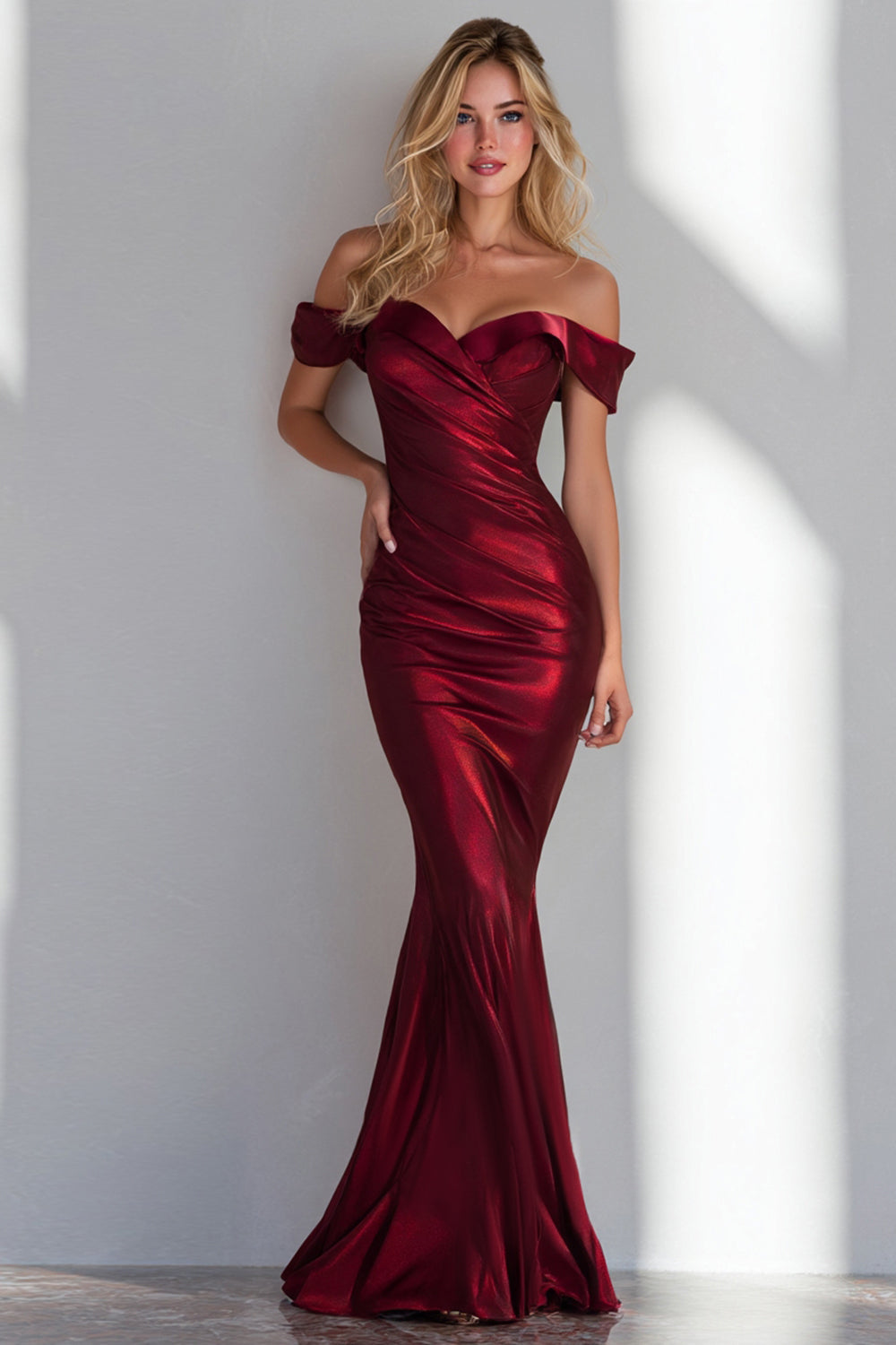 Burgundy Satin Mermaid Off the Shoulder Long Wedding Guest Dress