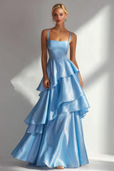 Light Blue A Line Ruffled Square Neck Long Wedding Guest Dress