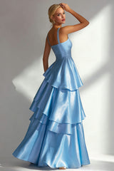 Light Blue A Line Ruffled Square Neck Long Wedding Guest Dress