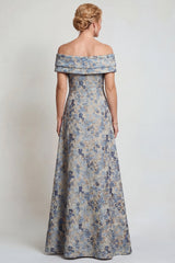 Grey Blue Floral Jacquard Off The Shoulder Long Mother of the Bride Dress