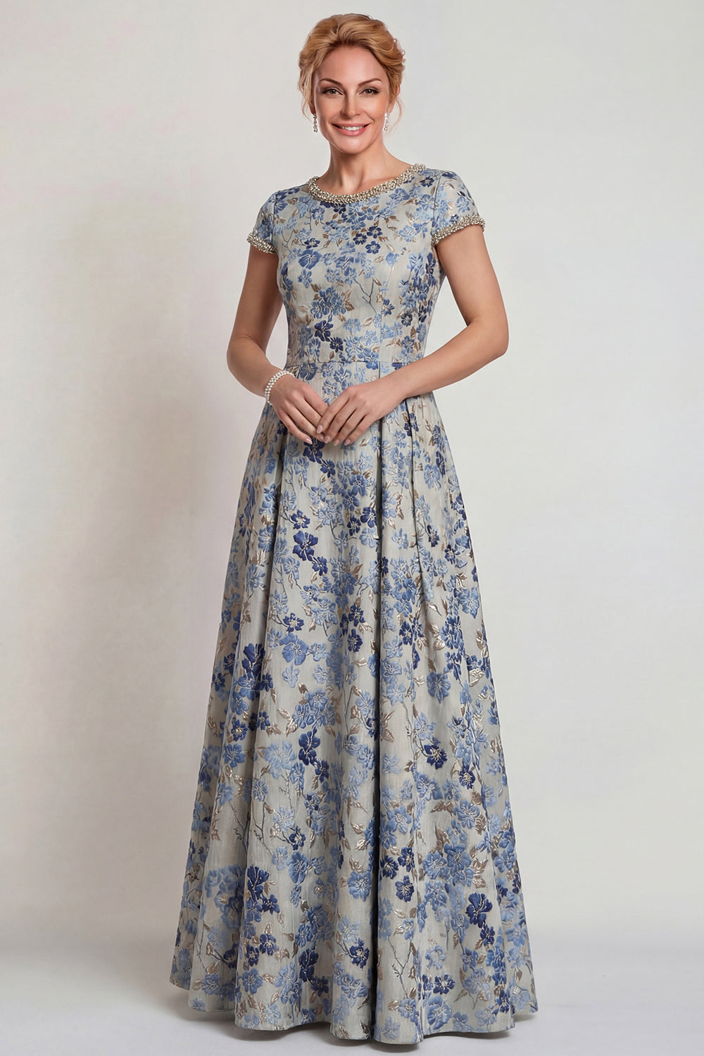 Floral Grey Blue A Line Jacquard Long Mother of the Bride Dress with Sleeves