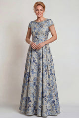 Floral Grey Blue A Line Jacquard Long Mother of the Bride Dress with Sleeves