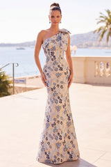 Grey Blue Floral Jacquard One Shoulder Long Mother of the Bride Dress with Bow