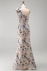 Grey Blue Floral Jacquard One Shoulder Long Mother of the Bride Dress with Bow