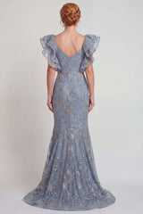 Sparkly Grey Blue Mermaid Ruffled Sleeves Long Mother of the Bride Dress with Slit