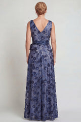 Sparkly Dark Blue Floral A Line V-Neck Long Mother of the Bride Dress with Bow