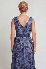 Sparkly Dark Blue Floral A Line V-Neck Long Mother of the Bride Dress with Bow