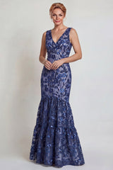 Sparkly Dark Navy Floral Mermaid V-Neck Long Mother of the Bride Dress