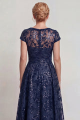 Sparkly Navy Sequins Boat Neck A Line Long Mother of the Bride Dress with Sleeves