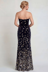 Sparkly Black Silver Sequins Strapless Long Mother of the Bride Dress with Slit