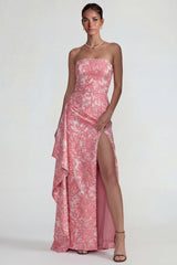 Strapless Sheath Jacquard Floral Ruffled Long Wedding Guest Dress with Slit