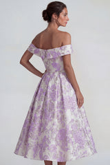 Lilac Off the Shoulder A Line Jacquard Floral Long Wedding Guest Dress