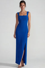 Royal Blue Square Neck Sheath Long Wedding Guest Dress with Slit