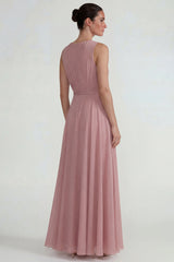 Blush Chiffon Ruffled A Line Long Wedding Guest Dress with 3D Flower