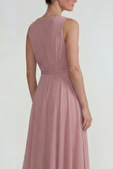 Blush Chiffon Ruffled A Line Long Wedding Guest Dress with 3D Flower