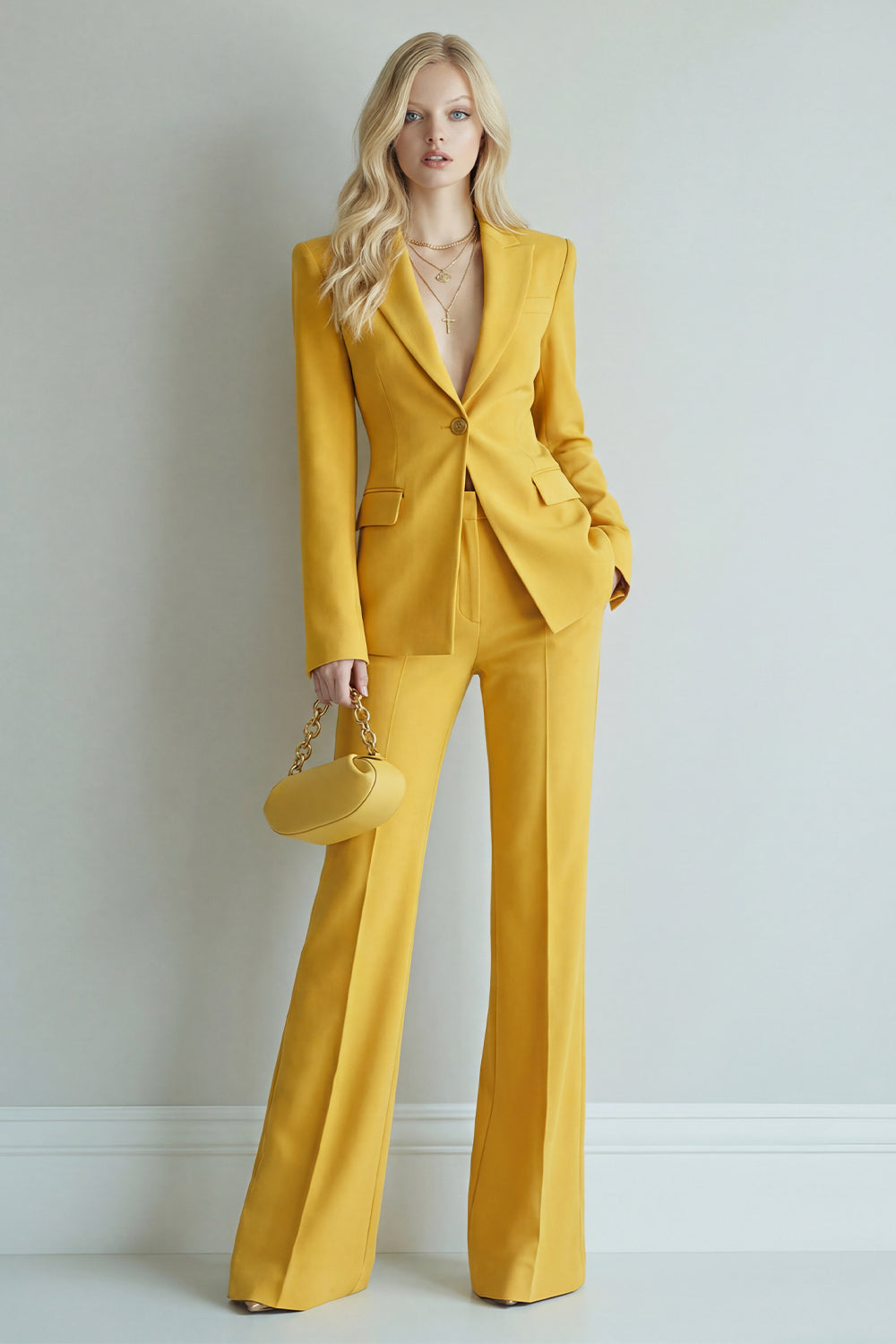 2 Piece Yellow Wide Leg Single Breasted Peak Lapel Prom Suits