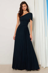 Navy One Shoulder Pleated A Line Long Bridesmaid Dress